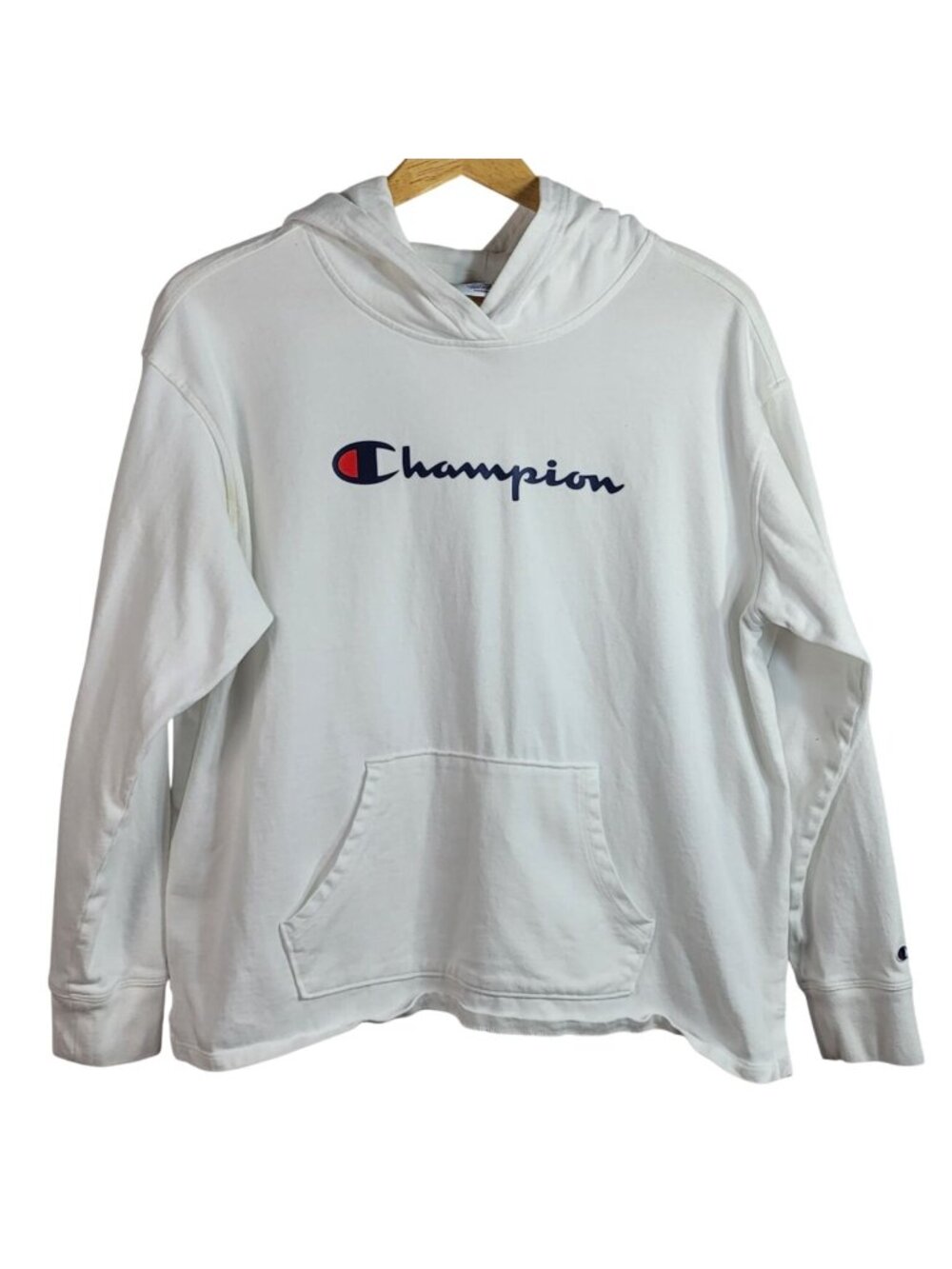 Champion Men Logo Hoodie Shirt White Large Long Sleeve Pullover 100% Cotton READ